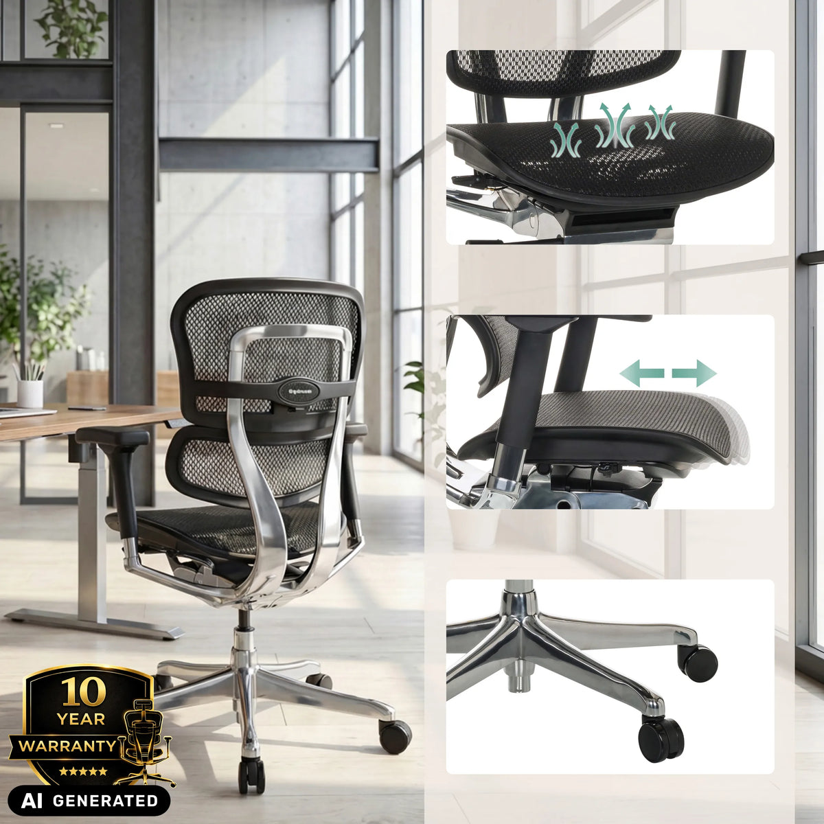 Poltrona di lusso ERGOHUMAN BASE GEN2 con rivestimento in rete e seduta regolabile di hjh OFFICE (immagine generata dall’IA)