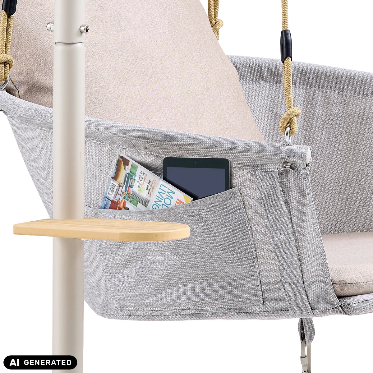 Tasca laterale con tablet e rivista sulla sedia sospesa Skylo incluso un piccolo tavolino di hjh LIVING (immagine generata dall’IA)