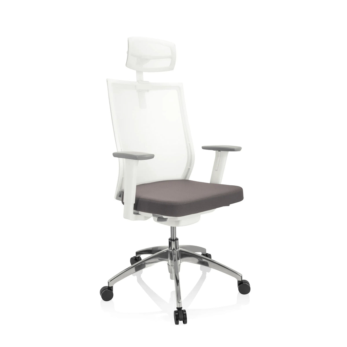 Sedia da ufficio professionale ASPEN WHITE PRO grigio-bianca con schienale in rete, poggiatesta e base a cinque ruote di hjh OFFICE – vista a 360° (vista frontale a tre quarti 40°)