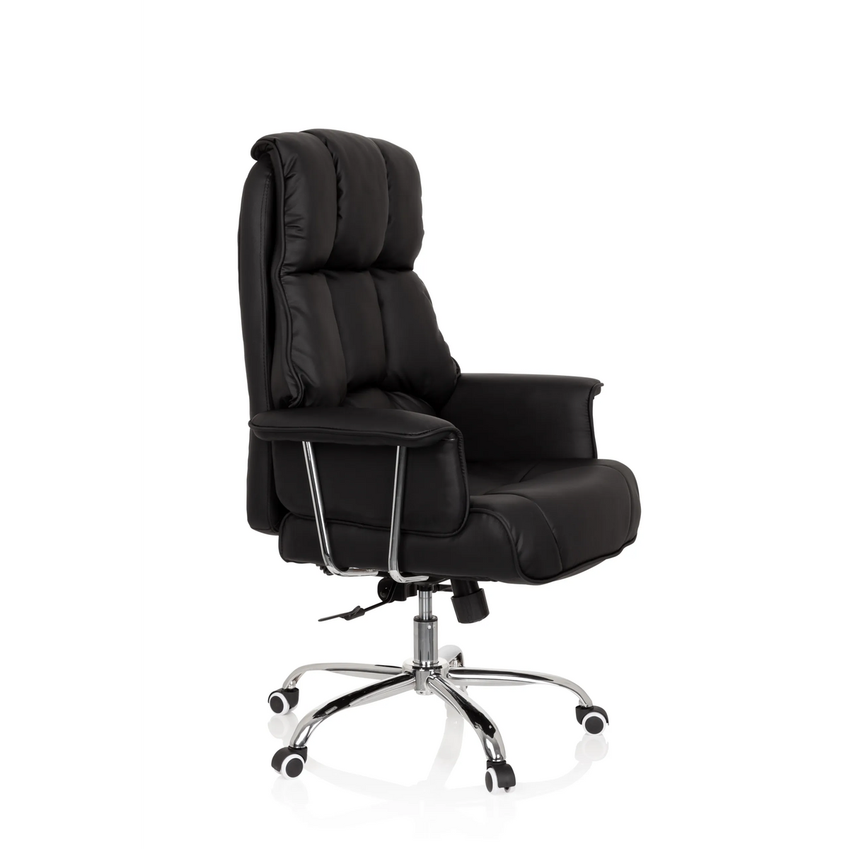 Poltrona professionale COMMANDER nera con imbottitura trapuntata e base a cinque ruote di hjh OFFICE – vista a 360° (vista frontale a tre quarti 60°)