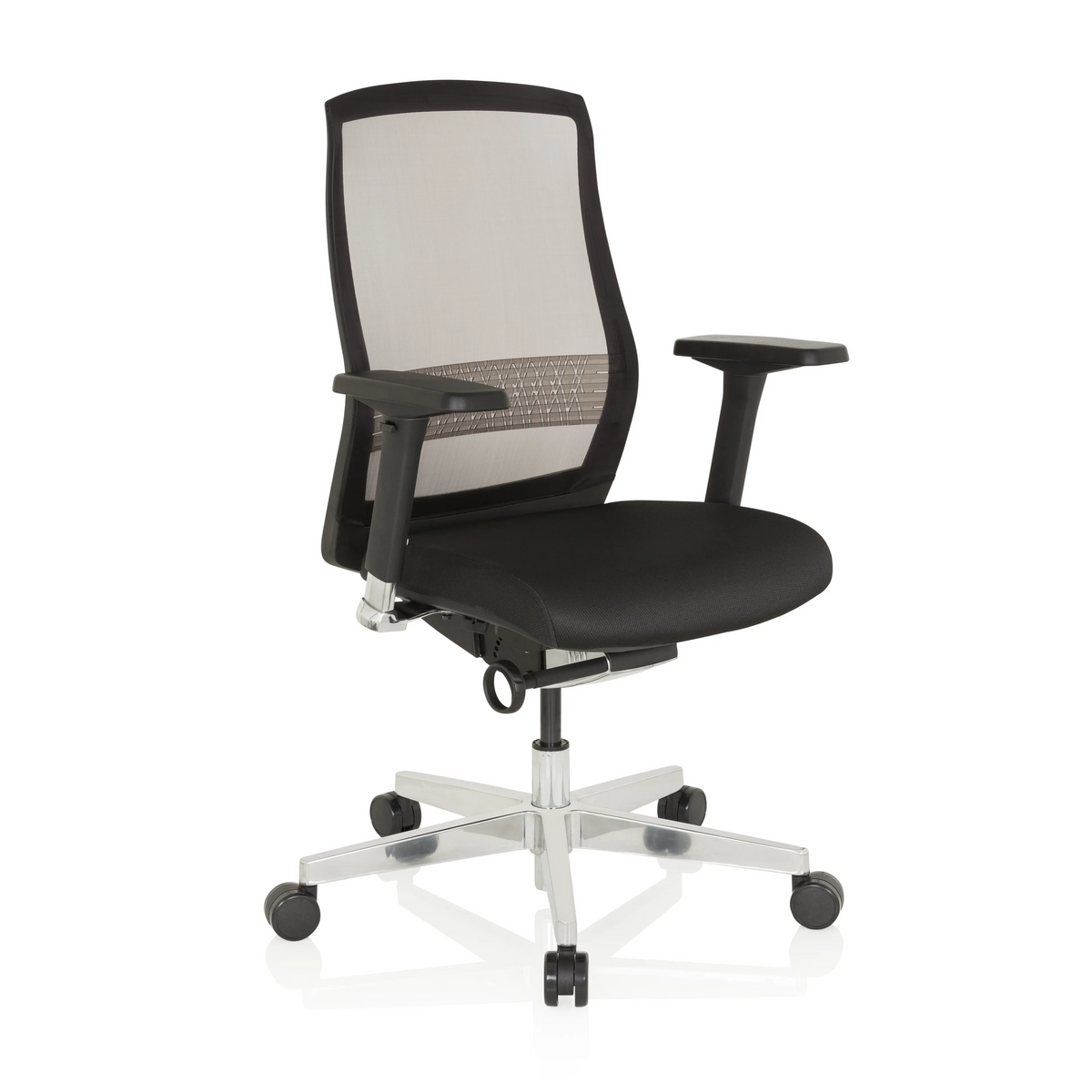 Schwarzer High-End-Bürostuhl FOUNTAINE mit Netzrücken und einem Fußkreuz mit fünf Rollen von hjh OFFICE – 360-Grad-Ansicht (schräge Frontansicht 40°)