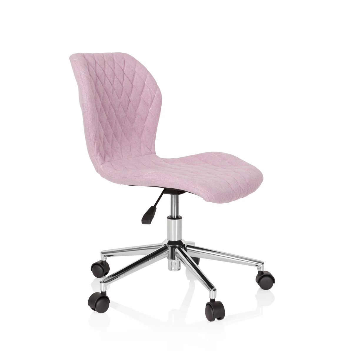 Sedia girevole per bambini JOY II rosa con effetto trapuntato e base a cinque ruote di hjh OFFICE – vista a 360° (vista frontale a tre quarti 60°)