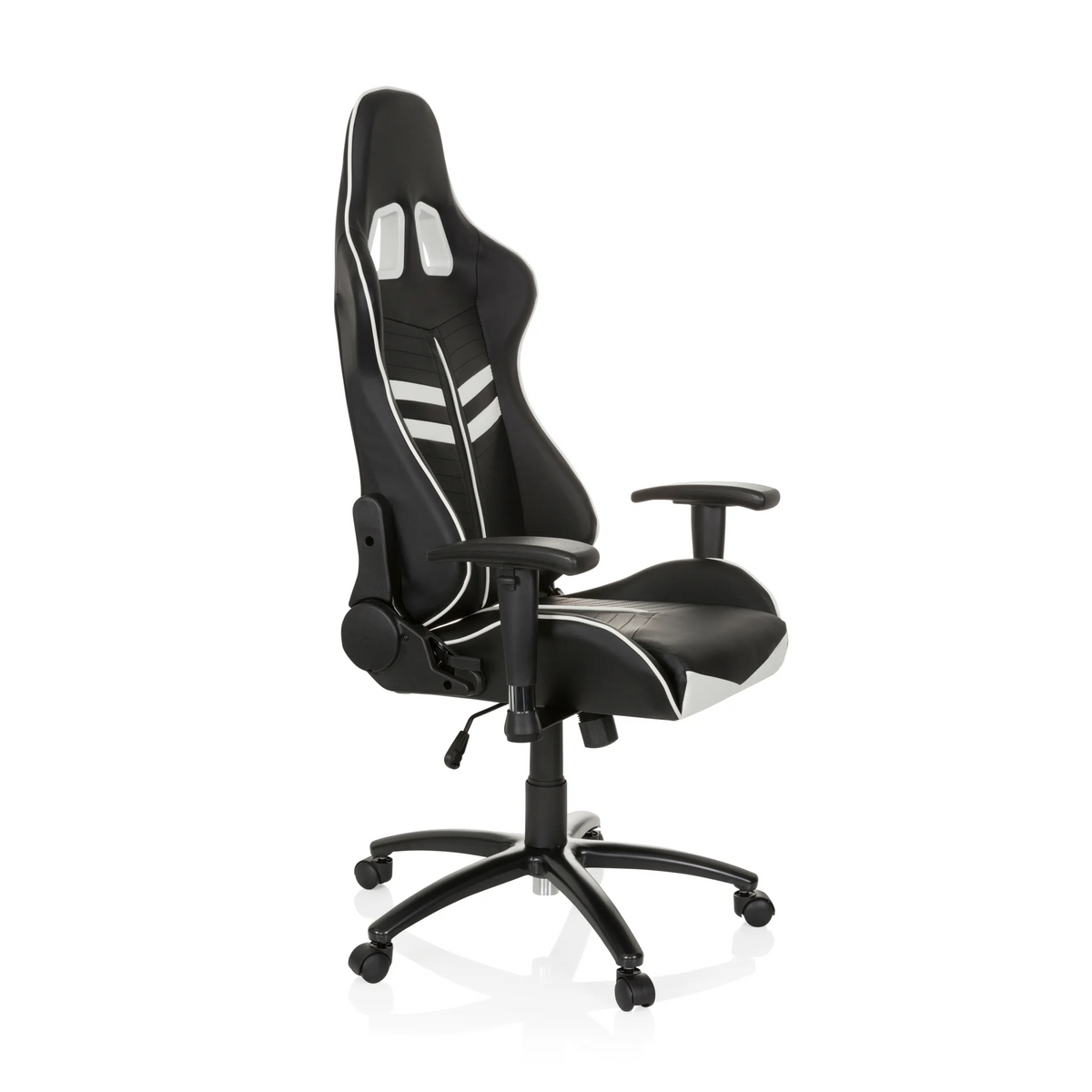 Sedia da gaming LEAGUE PRO bianca e nera con poggiatesta e base a cinque ruote di hjh OFFICE – vista a 360° (vista frontale a tre quarti 60°)