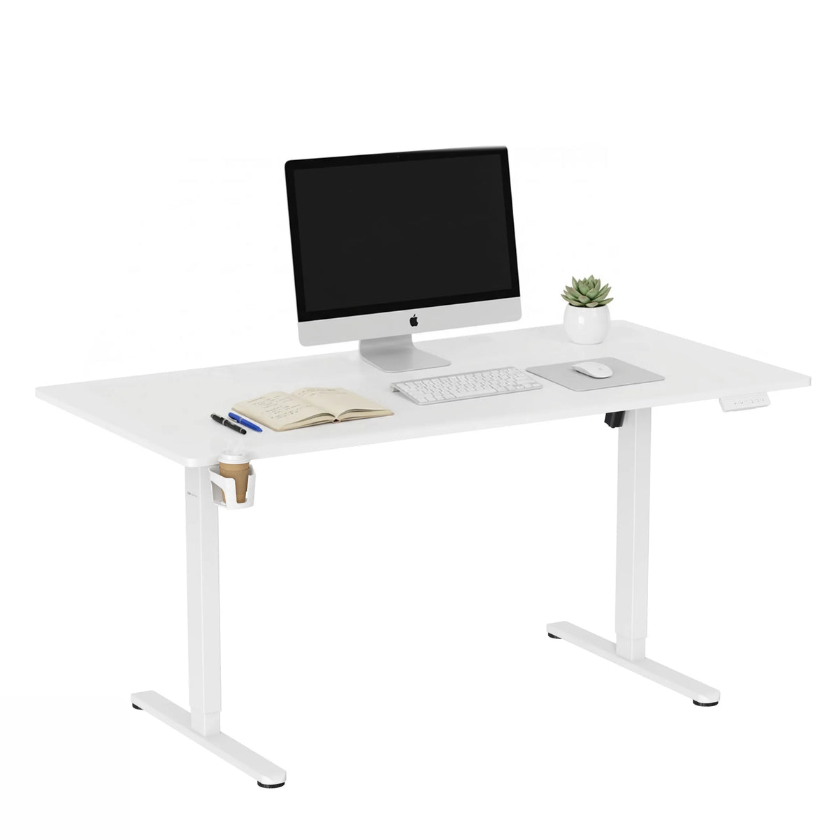 Scrivania elettrica ad altezza regolabile Worktime in bianco con monitor, tastiera e portabicchieri di hjh OFFICE