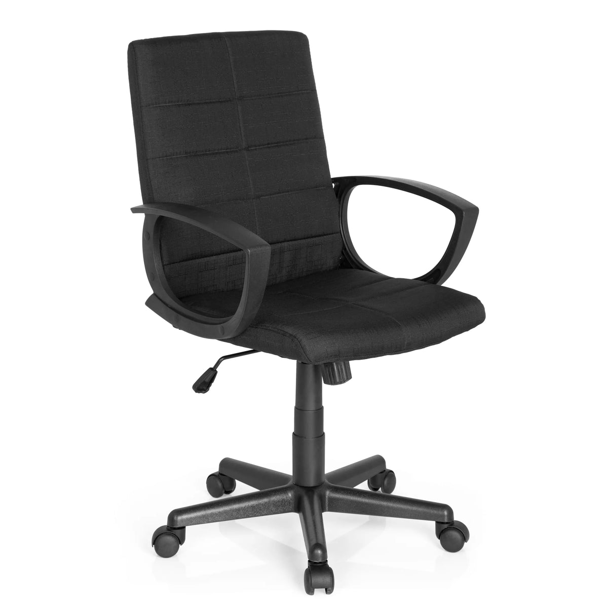 Sedia Home Office STAR-TEC CL300 nera con braccioli e base a cinque ruote di MyBuero – vista a 360° (vista frontale a tre quarti 40°)