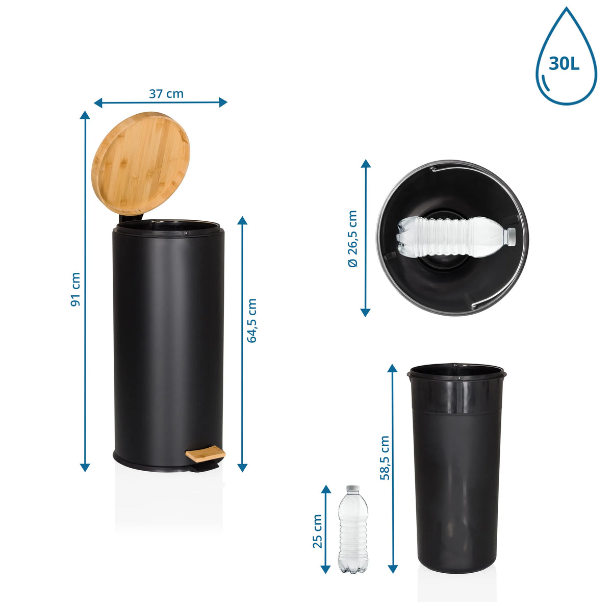 Disegno dimensionale del cestino CLEAN BAMBOO con volume di 30 l e un'altezza di 91 cm di hjh OFFICE