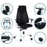 Sedia da ufficio high-end GENIDIA PRO WHITE in nero con diverse opzioni di regolazione e viste dettagliate di hjh OFFICE