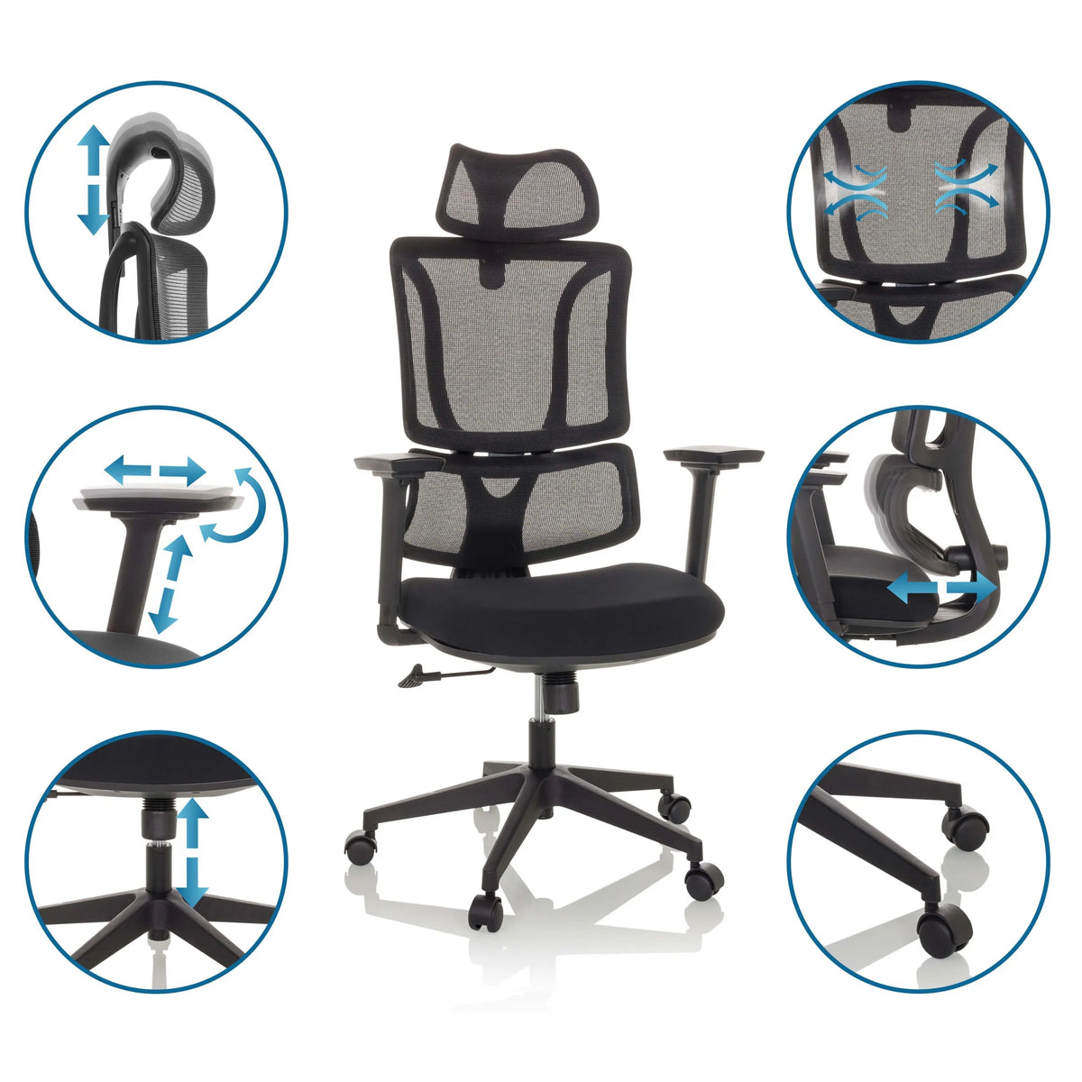 Sedia Home Office ERGOMY in nero con diverse possibilità di regolazione di MyBuero