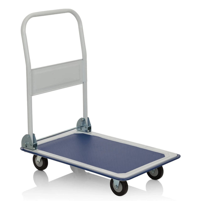 Carrello a piattaforma CARRY blu e bianco con maniglia pieghevole e quattro ruote piroettanti di hjh OFFICE