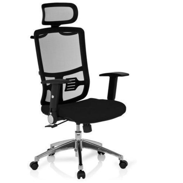 Sedia da ufficio professionale CAYEN con rivestimento in rete nera, poggiatesta e base argentata di hjh OFFICE