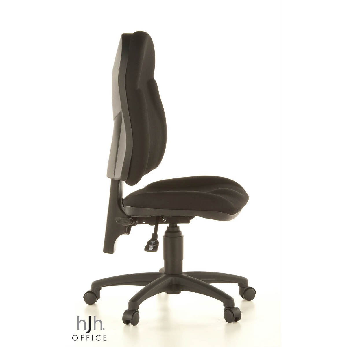 Sedia Home Office WELLPOINT 10 nera con base a stella e cinque rotelle di Topstar – vista a 360° (profilo laterale 80°)