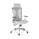 Sedia da ufficio professionale FALEO W grigia con schienale in rete e base a cinque ruote di hjh OFFICE – vista a 360° (vista frontale a tre quarti 30°)