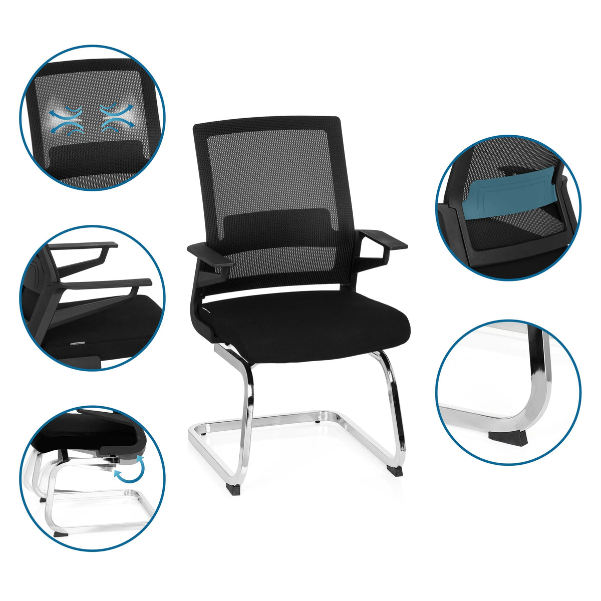 Sedia a sbalzo INVENTOR V in nero con schienale in rete, braccioli e struttura a slitta cromata di hjh OFFICE