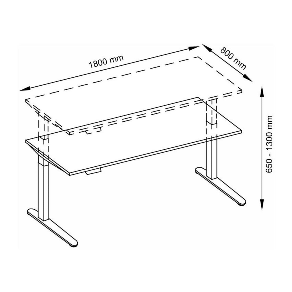 Technische Zeichnung des Schreibtischs XBHM 19 WC mit 180 × 80 cm von hjh OFFICE PRO