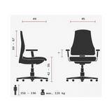 Disegno tecnico della Sedia da ufficio professionale ERGO SYDNEY con una portata massima di 120 kg di Topstar