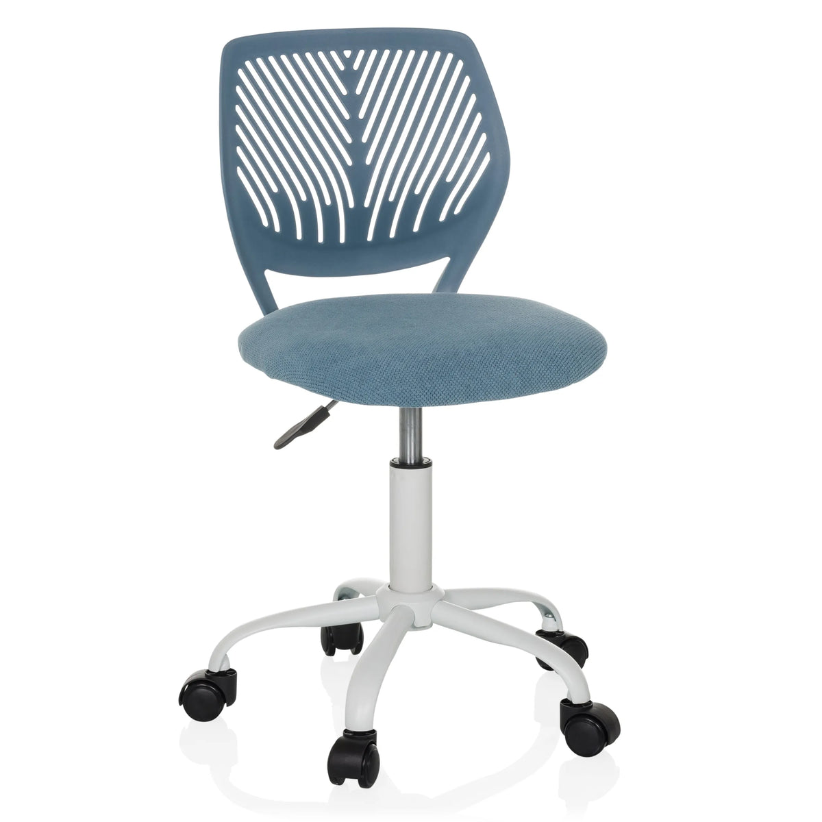 Sedia girevole per bambini KID QW blu con schienale traforato e base bianca a cinque ruote di hjh OFFICE – vista a 360° (vista frontale 15°)