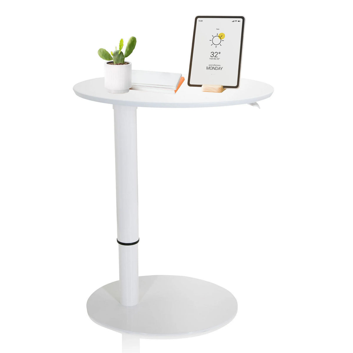 Scrivania in piedi bianca STAND III con piano rotondo e base rotonda di hjh OFFICE