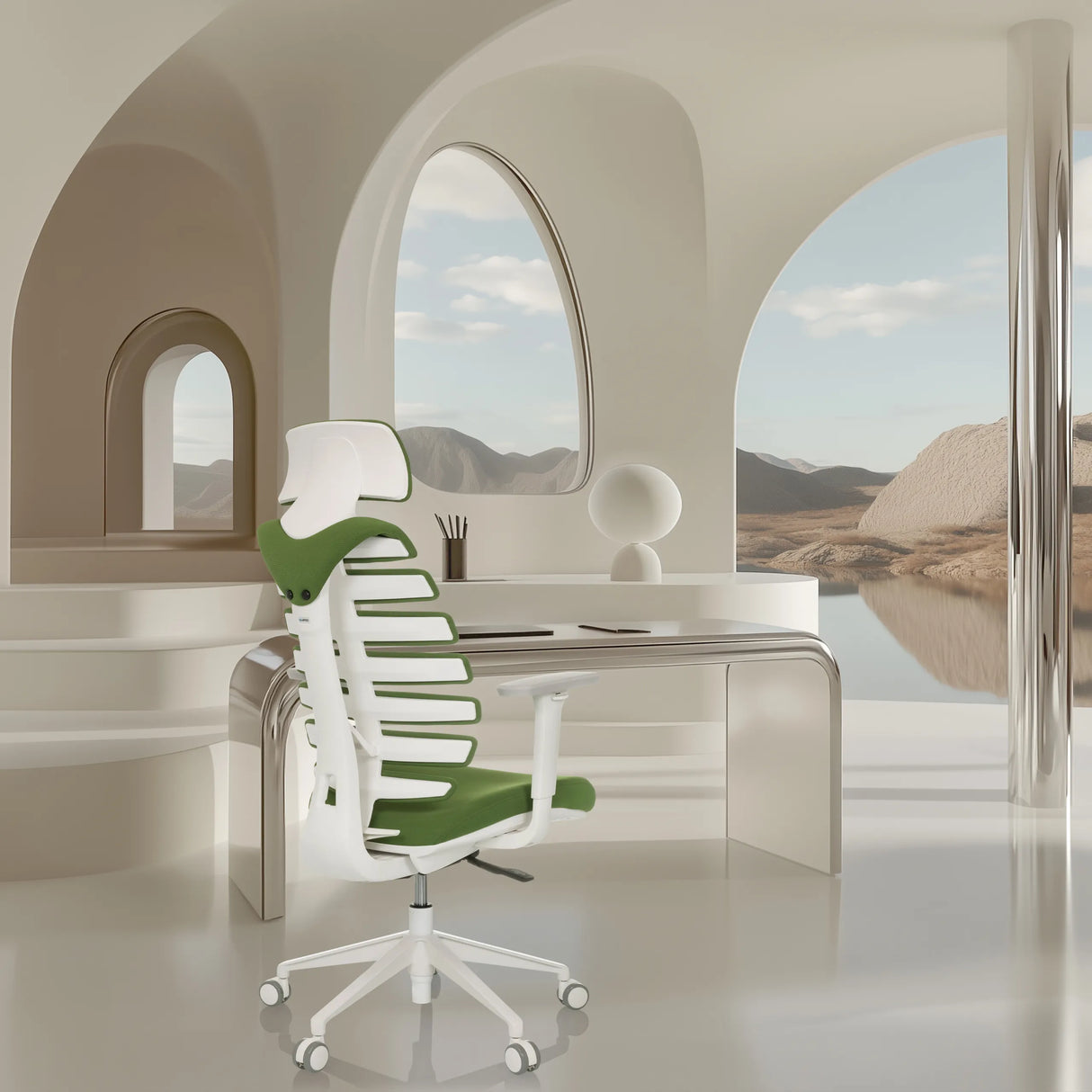 Sedia da ufficio professionale ERGO LINE W nel colore Mystic Forest con struttura bianca di hjh OFFICE