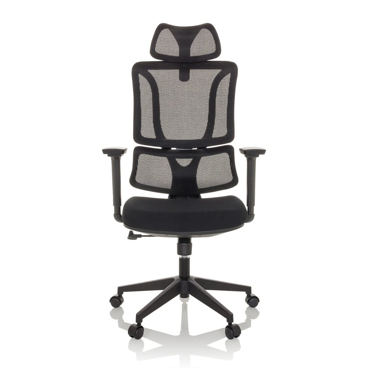 Sedia Home Office ERGOMY nera con schienale in rete e base a cinque ruote di MyBuero – vista a 360° (vista frontale 0°)