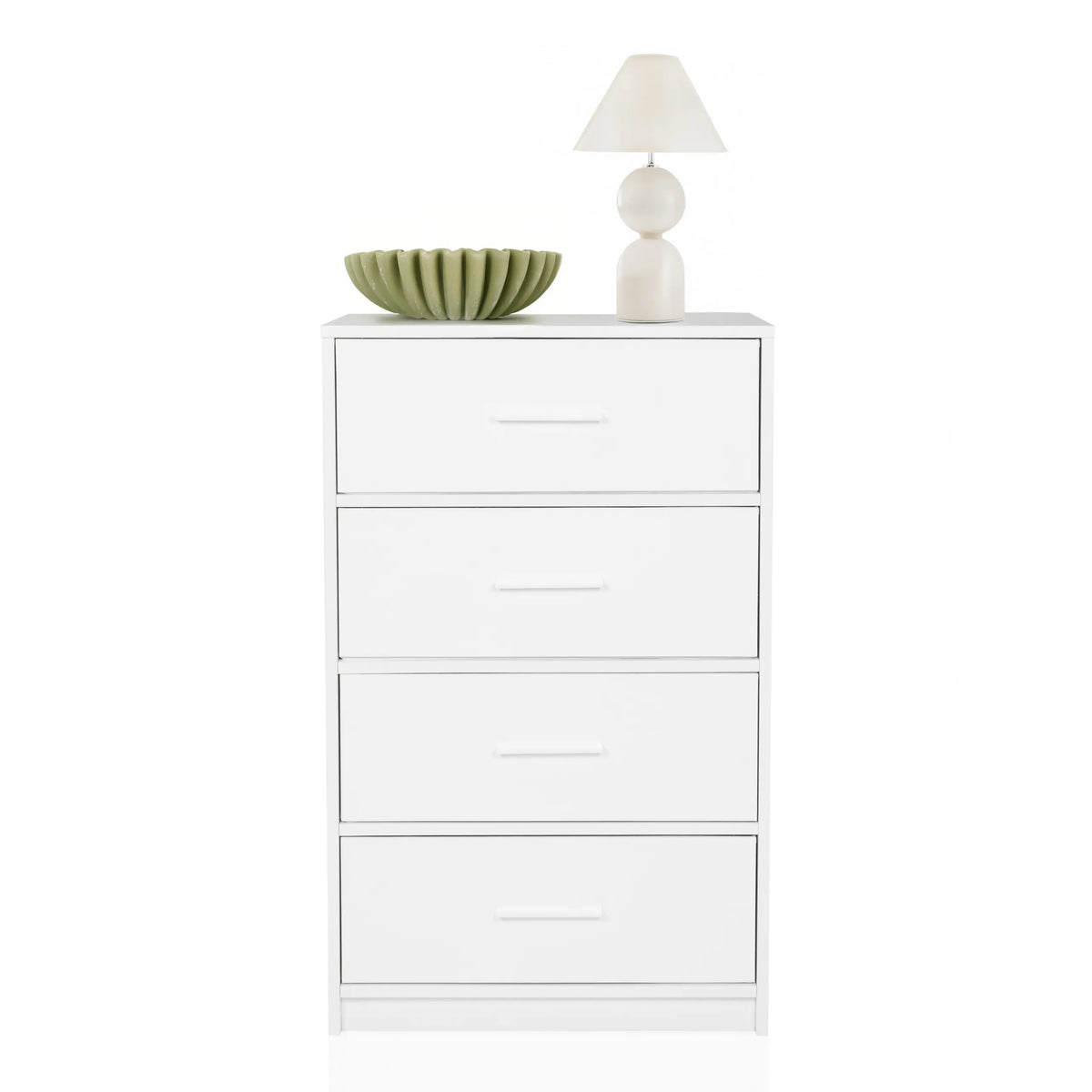 Cassettiera bianca ESTORIA con quattro cassetti, decorata con una ciotola e una lampada da tavolo di hjh LIVING