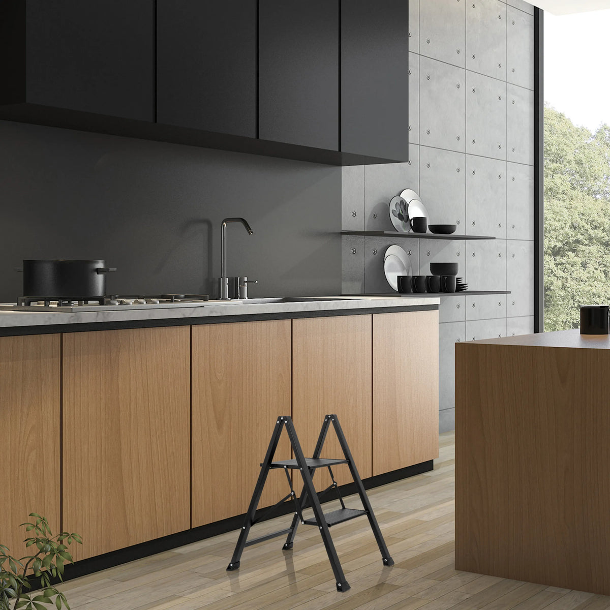 Scala richiudibile nera SOLID W5 con due gradini in una cucina di hjh OFFICE
