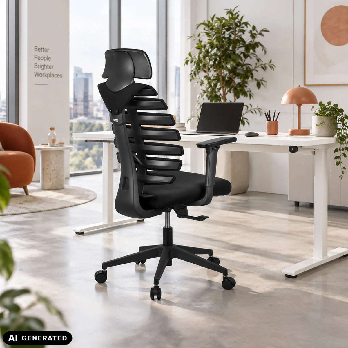 Sedia da ufficio professionale ERGO LINE ECO nera con schienale in rete e poggiatesta di hjh OFFICE (immagine generata dall’IA)