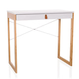 Scrivania bianca TAROLO II con un cassetto, maniglia in pelle marrone e gambe in legno di hjh LIVING – vista a 360° (vista frontale 15°)