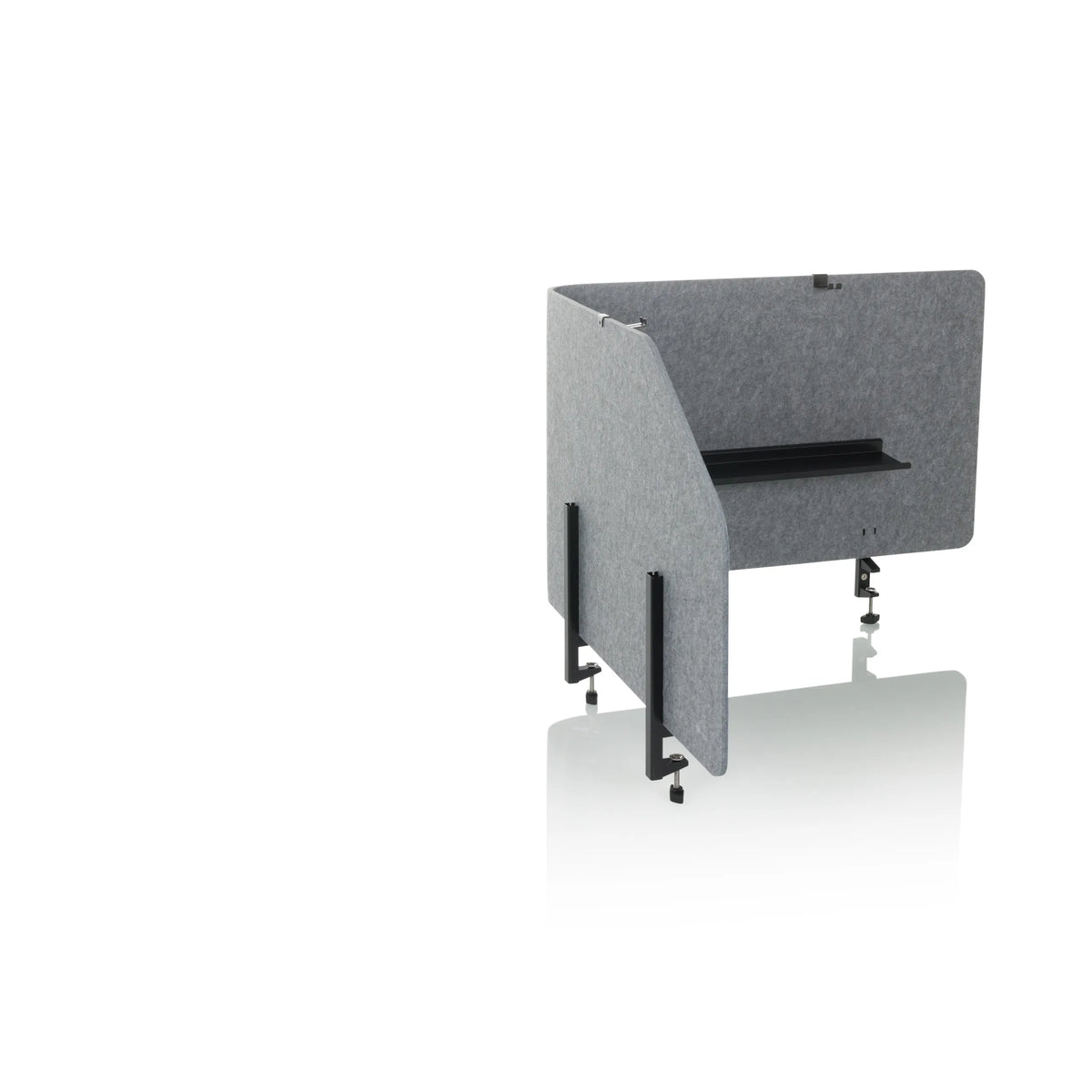Divisorio per scrivania FLEXMIUT T TOP grigio con ripiano integrato e morsetti di fissaggio di hjh OFFICE – vista a 360° (vista frontale a tre quarti 60°)