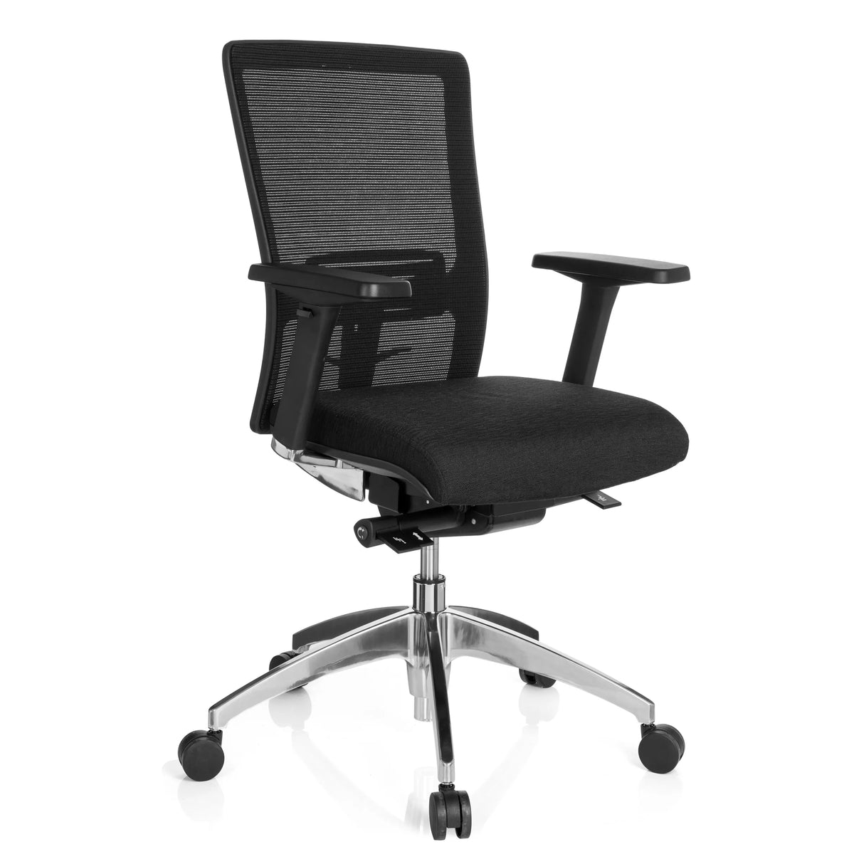 Sedia da ufficio professionale ASTRA BASE N nera con schienale in rete e base lucida a cinque ruote di hjh OFFICE – vista a 360° (vista frontale a tre quarti 40°)