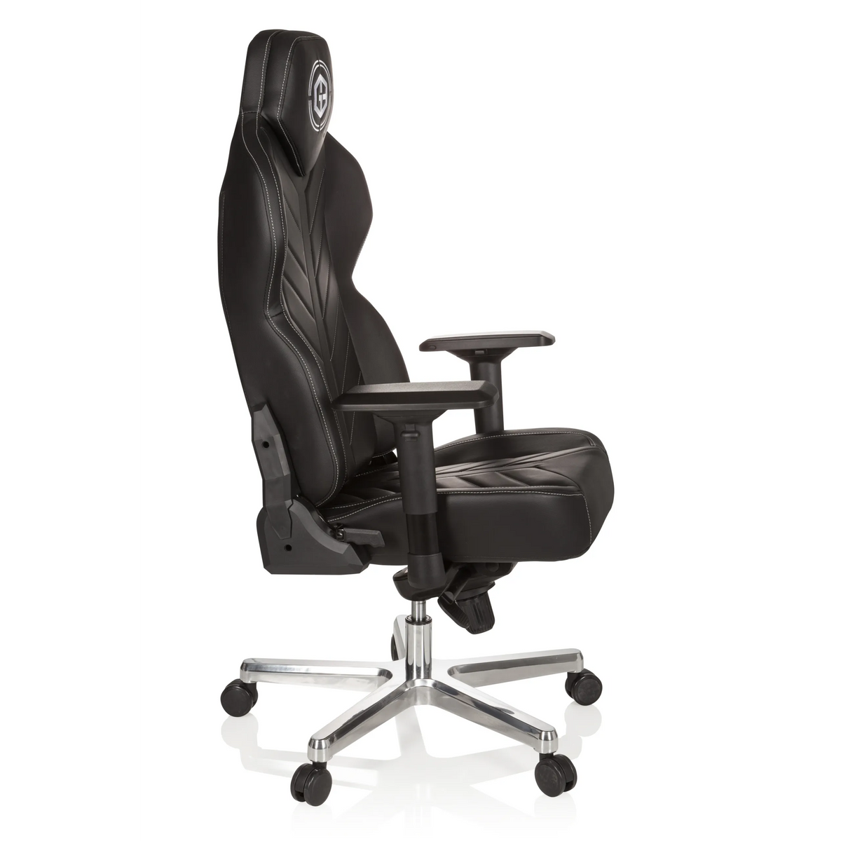 Sedia da gaming GAMEBREAKER COLOSSUS nera con braccioli e base lucida a cinque ruote di hjh OFFICE – vista a 360° (profilo laterale 80°)