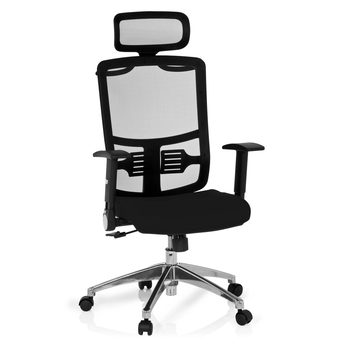 Sedia da ufficio professionale CAYEN nera con schienale in rete, poggiatesta e base a cinque ruote di hjh OFFICE – vista a 360° (vista frontale 20°)