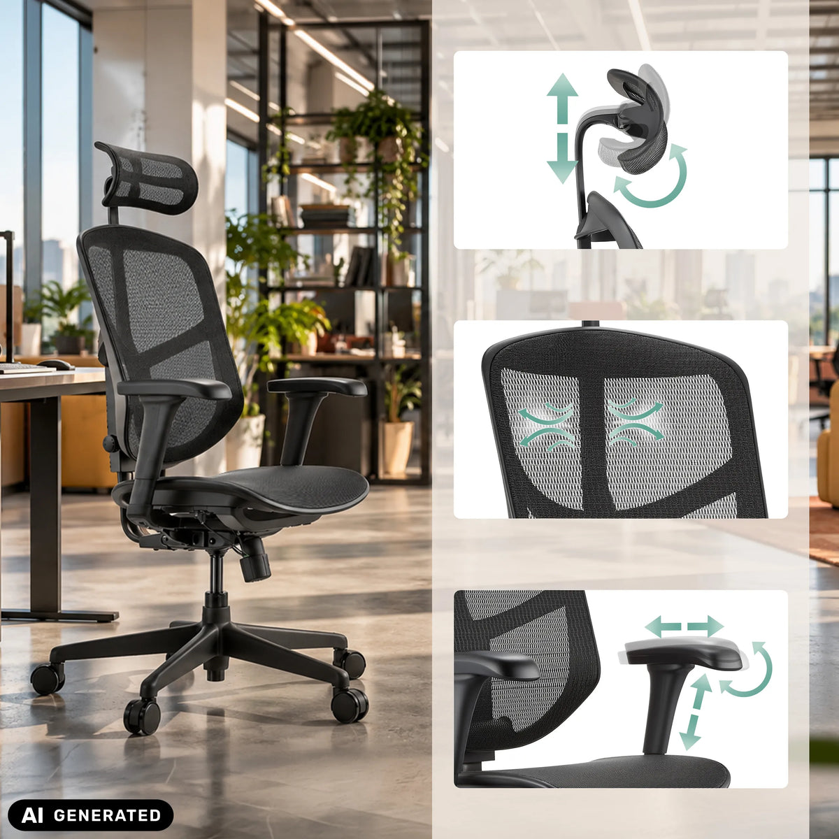 Sedia da ufficio professionale Enjoy Eco MB con poggiatesta, schienale e braccioli regolabili di hjh OFFICE (immagine generata dall’IA)