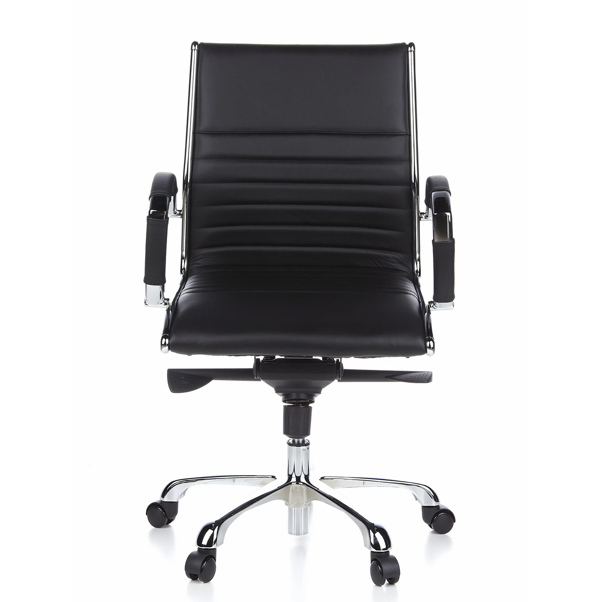 Poltrona professionale PARMA 10 nera con cuciture trasversali e base lucida a cinque ruote di hjh OFFICE – vista a 360° (vista frontale 0°)