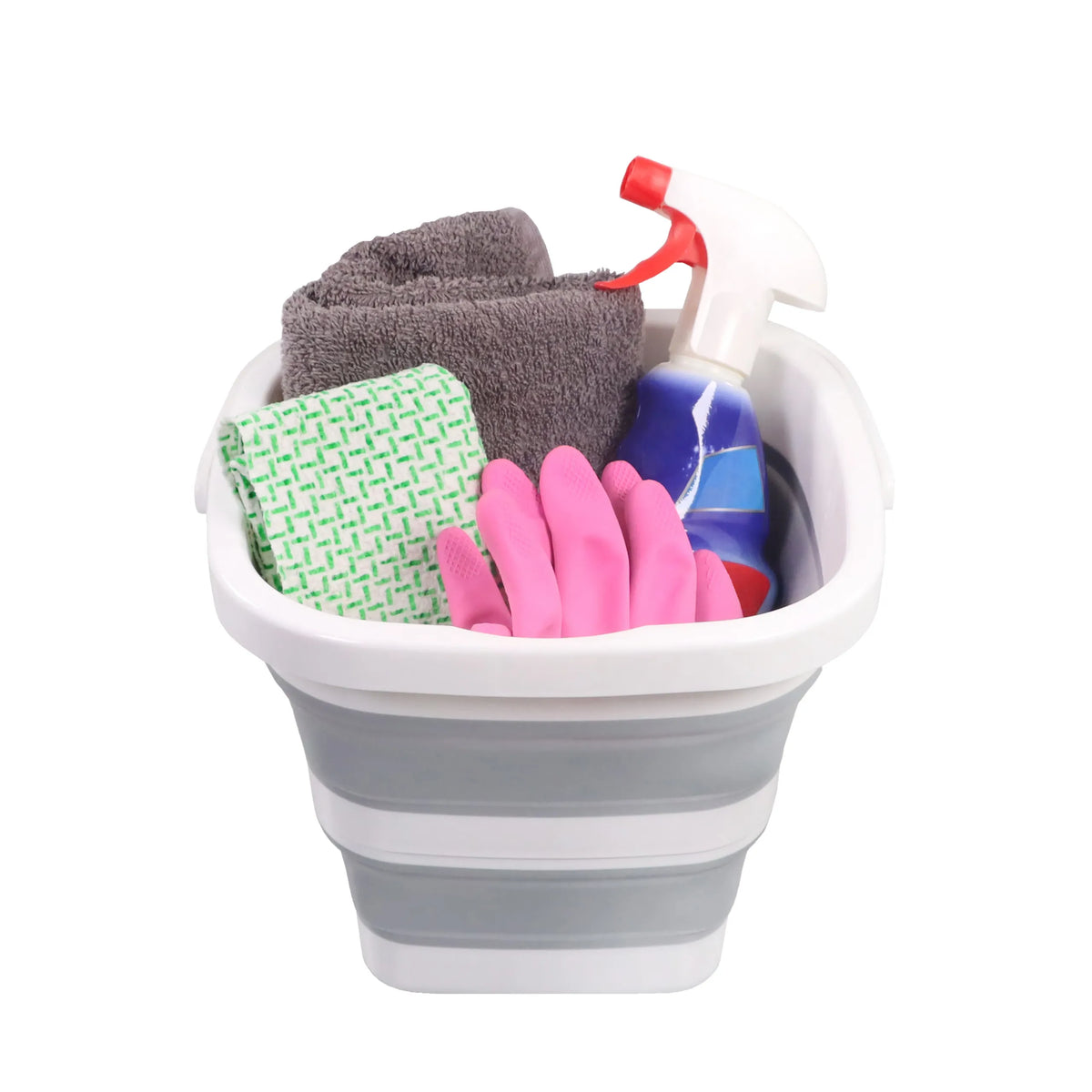 Contenitore pieghevole CLEAN SILE grigio e bianco con utensili per la pulizia come stracci, guanti e flacone spruzzatore di hjh OFFICE