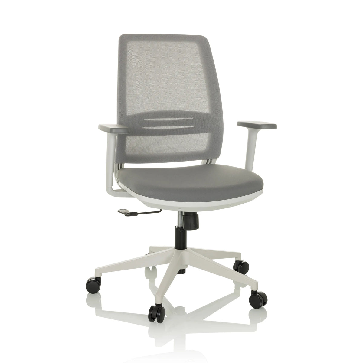 Sedia Home Office PROFONDO ECO W grigia con schienale in rete e base a cinque ruote di hjh OFFICE – vista a 360° (vista frontale 15°)