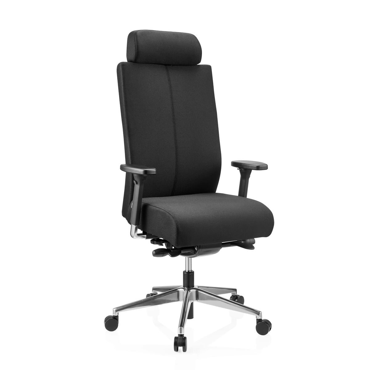 Sedia da ufficio professionale PRO-TEC XXL nera con rivestimento in tessuto, poggiatesta e base a cinque ruote di hjh OFFICE – vista a 360° (vista frontale a tre quarti 30°)