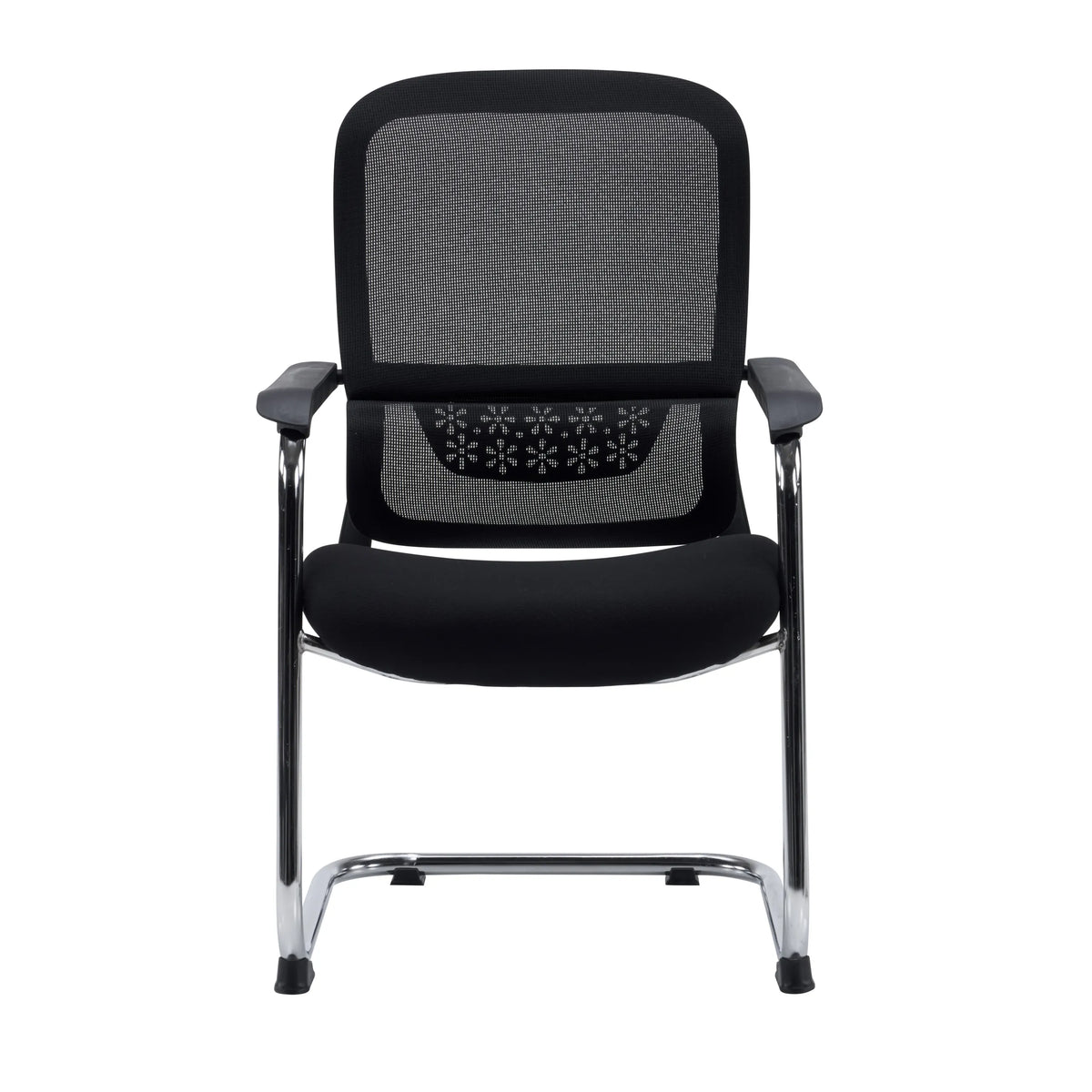 Sedia a sbalzo Ergomy Meet nera con schienale in rete, braccioli e struttura cromata di hjh OFFICE – vista a 360° (vista frontale 0°)