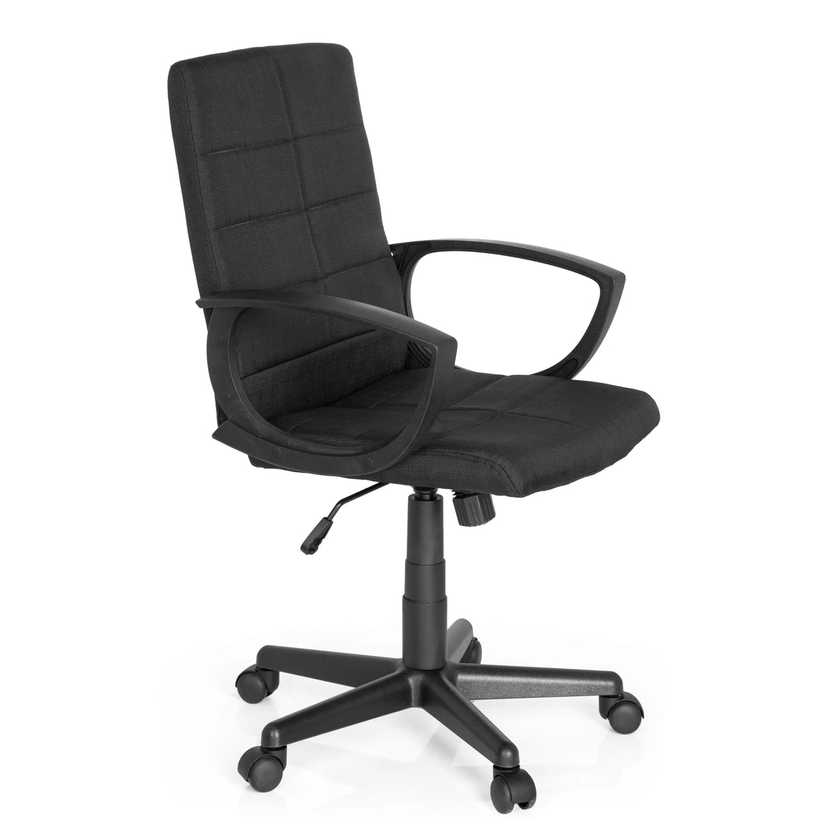 Sedia Home Office STAR-TEC CL300 nera con braccioli e base a cinque ruote di MyBuero – vista a 360° (vista frontale a tre quarti 60°)