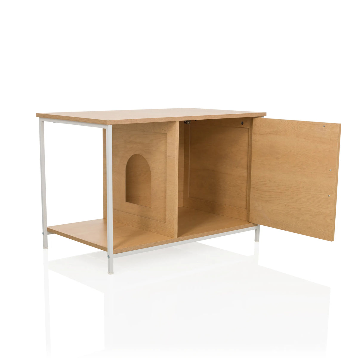 Cuccia per gatto KITTYHOME 1 aperta in effetto faggio con struttura bianca e ingresso ad arco di hjh LIVING