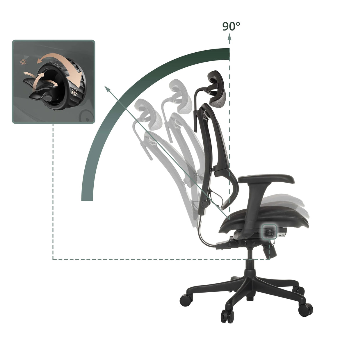 Schienale regolabile della poltrona di lusso ERGOHUMAN SLIM ECO F GEN2 con un angolo di inclinazione fino a 90° di hjh OFFICE