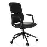 Schwarzer Profi-Bürostuhl ATMOS DESIGNER mit Armlehnen und Fußkreuz mit fünf Rollen von hjh OFFICE – 360-Grad-Ansicht (schräge Frontansicht 45°)