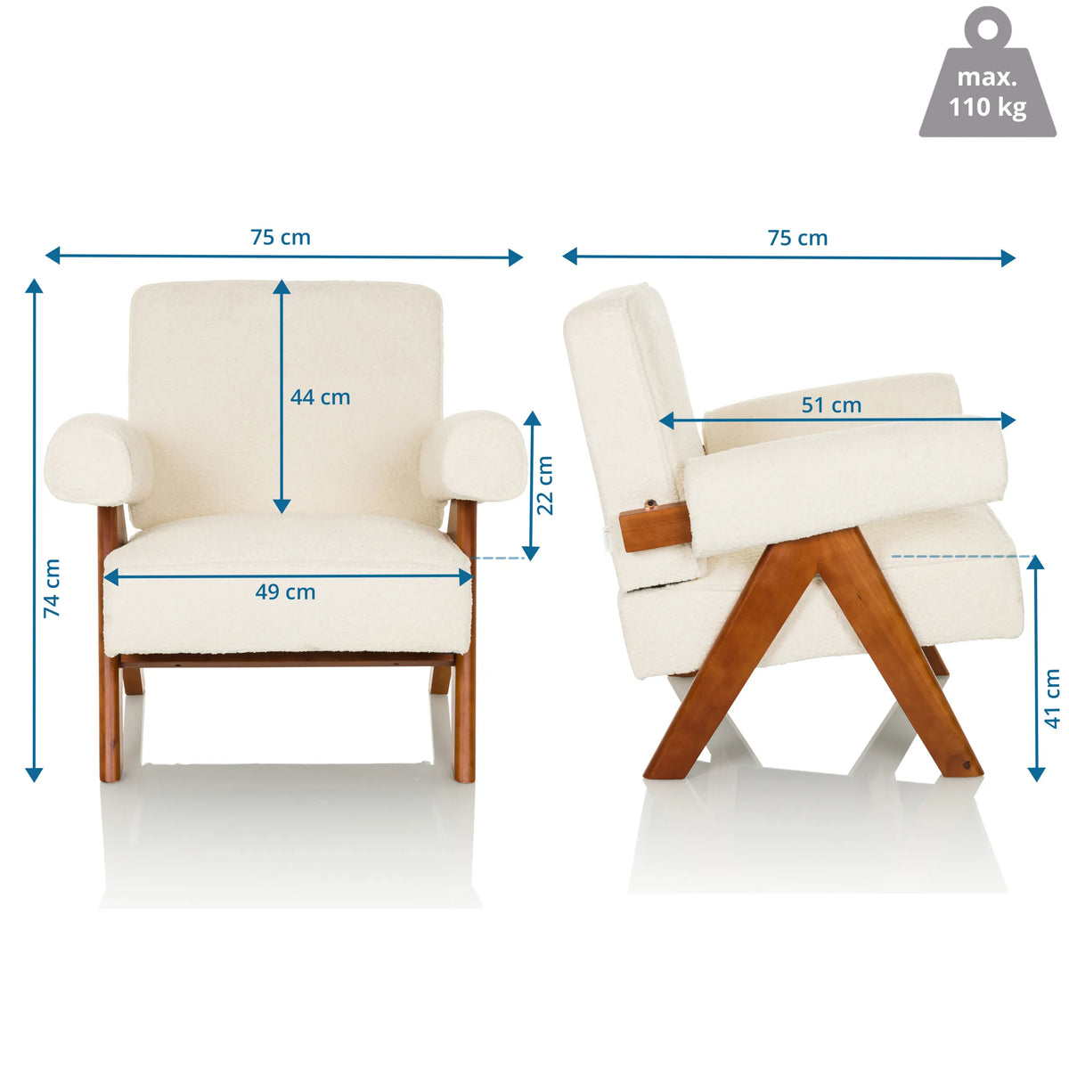 Disegno tecnico della Poltrona Lounge POOLY con una larghezza di 75 cm e un'altezza di 74 cm di hjh LIVING