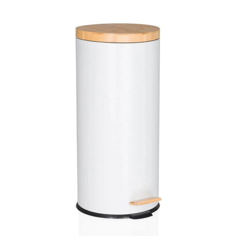 Cestino CLEAN BAMBOO bianco con finitura opaca, coperchio in bambù e pedale di hjh OFFICE