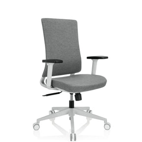 Sedia da ufficio professionale COMFIO WP con rivestimento in tessuto grigio, braccioli bianchi e base bianca di hjh OFFICE