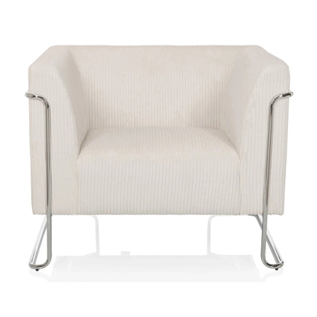 Poltrona Lounge Curacao Cord bianca con rivestimento in tessuto a coste e struttura in metallo argento di hjh LIVING