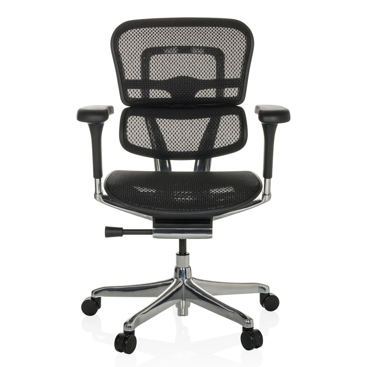 Poltrona di lusso ERGOHUMAN BASE GEN2 nera con schienale in rete e base a cinque ruote di hjh OFFICE – vista a 360° (vista frontale 0°)