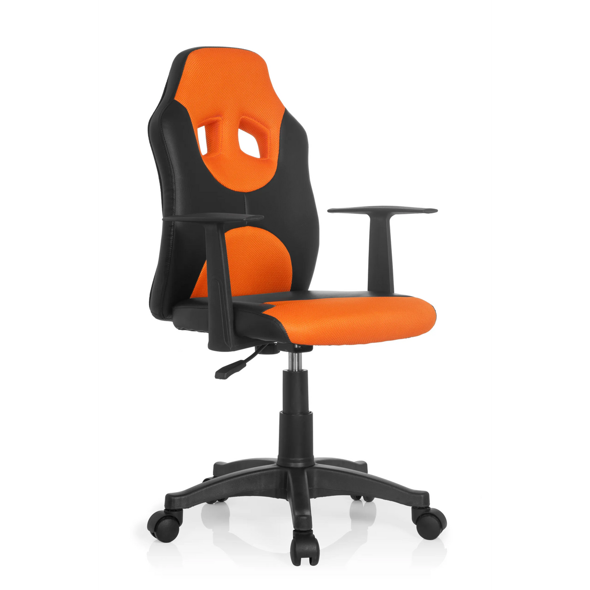 Sedia girevole per bambini KID GAME AL nero-arancione con schienale in rete e base a cinque ruote di hjh OFFICE – vista a 360° (vista frontale a tre quarti 40°)