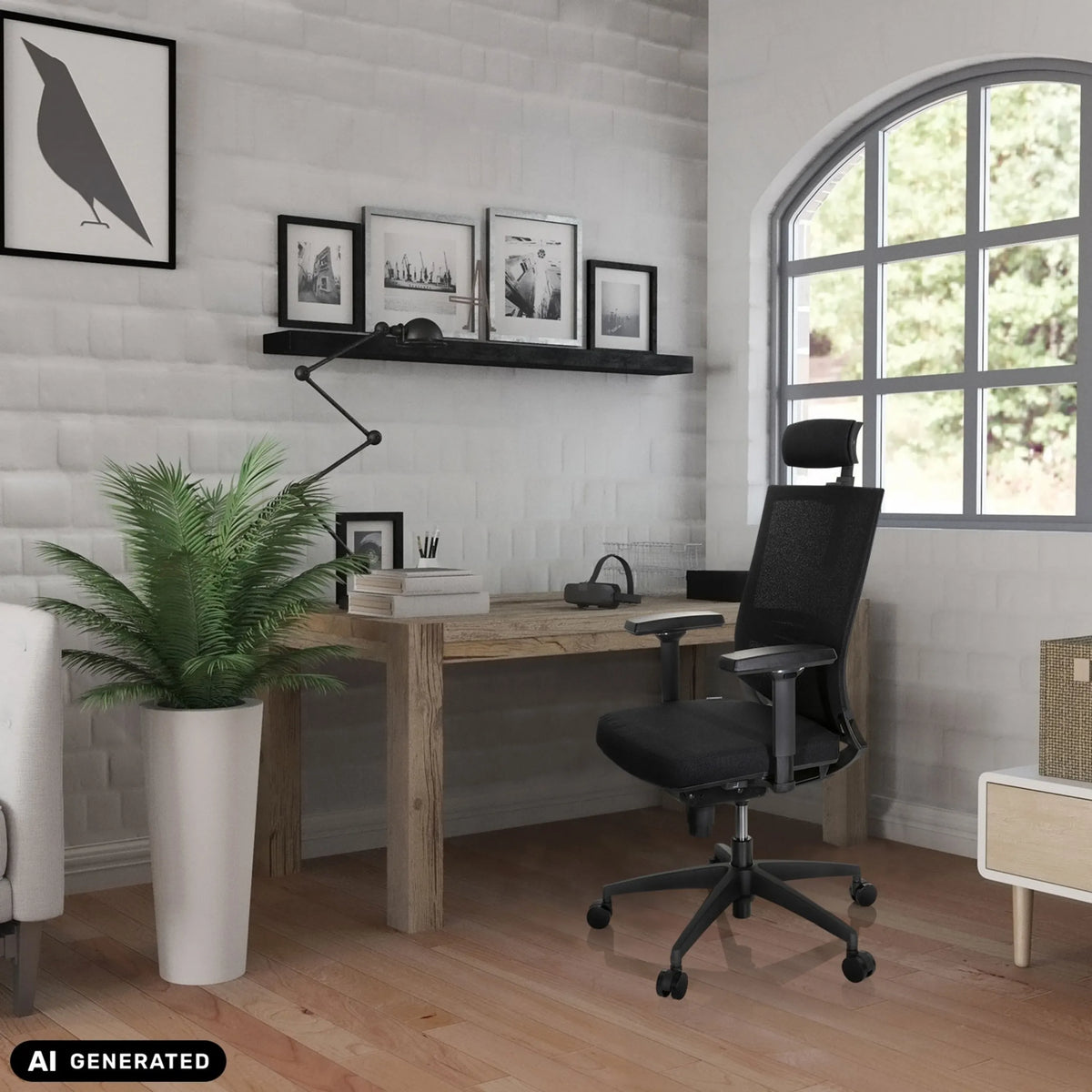 Sedia da ufficio professionale PORTO MAX HIGH I nera a un tavolo in legno in un ufficio in casa di hjh OFFICE (immagine generata dall’IA)