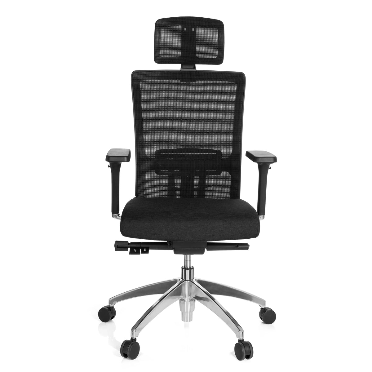 Sedia da ufficio professionale ASTRA LUX nera con schienale in rete, poggiatesta e base a cinque ruote di hjh OFFICE – vista a 360° (vista frontale 0°)