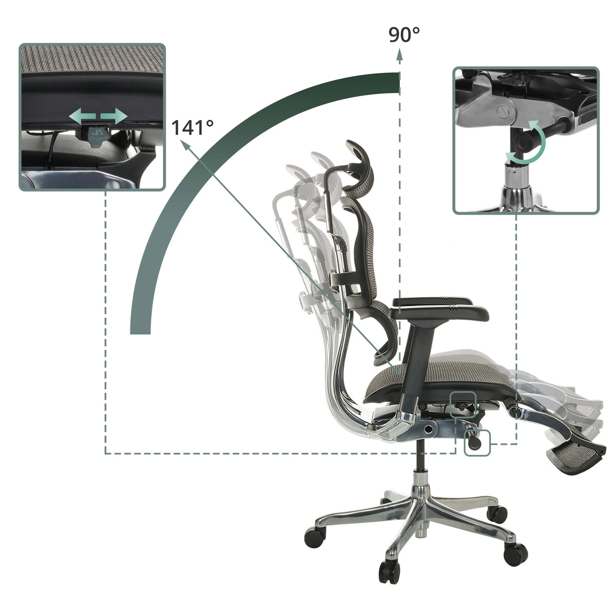 Schienale e altezza del sedile regolabili della poltrona di lusso ERGOHUMAN PLUS LEGPRO GEN2 da 90 a 141 gradi di hjh OFFICE